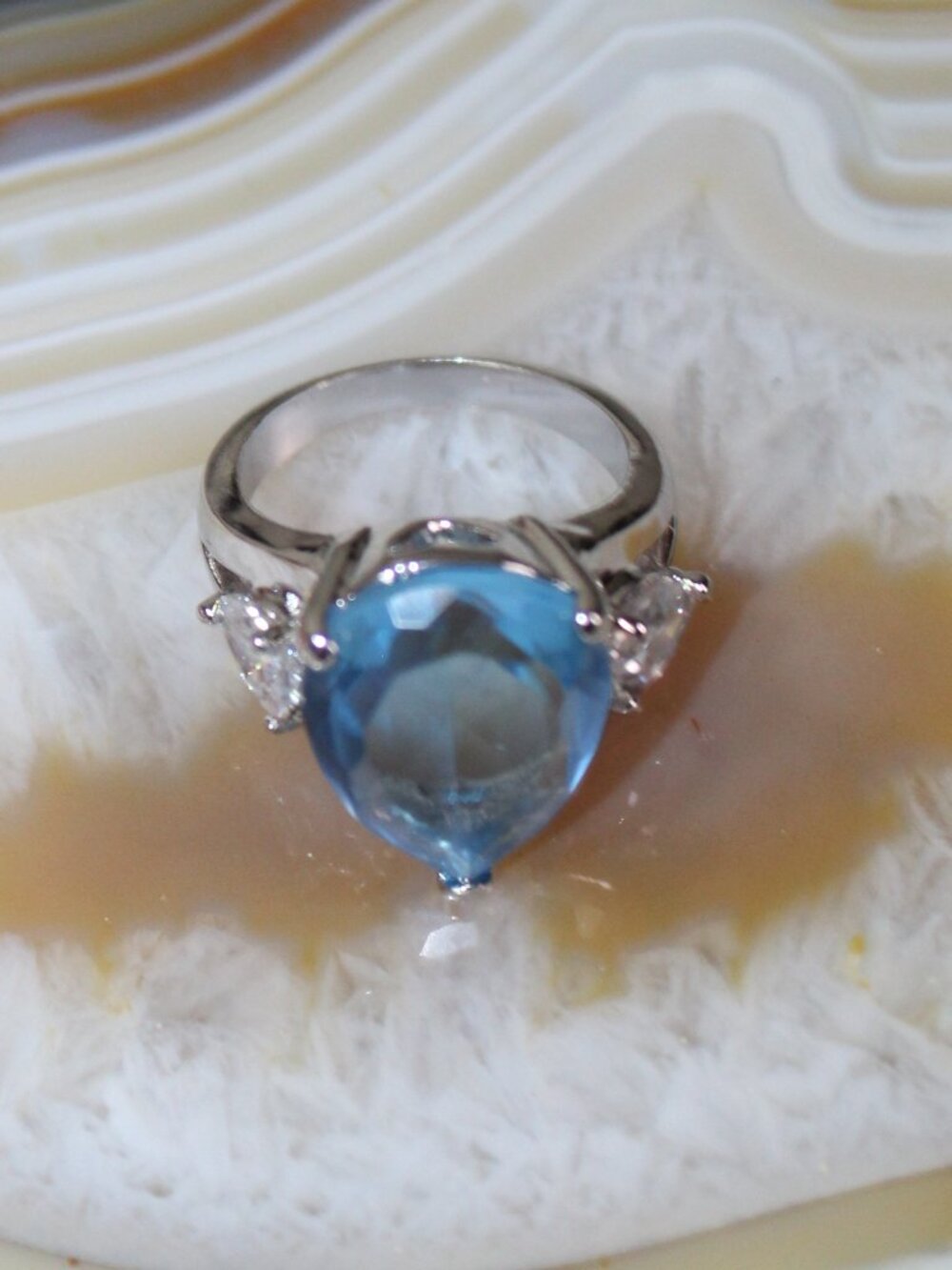 Silver-tone Size 7 Large Light Blue & Clear Faceted Pear Shaped Crystal Cocktail